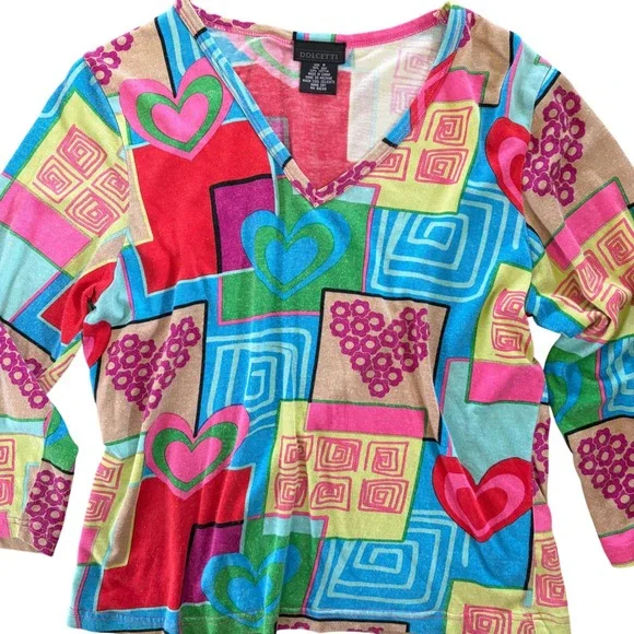 Vintage Dolcetti Colorful Cropped 3/4 Sleeve Colorful Silk Blend Top Women's Med - Picture 3 of 4